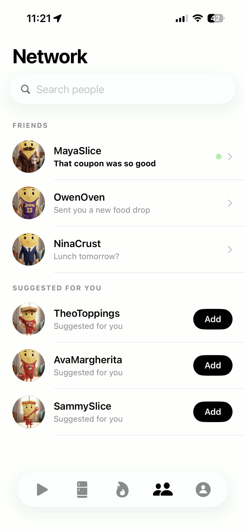 The Network tab: friends, chats, and people to add