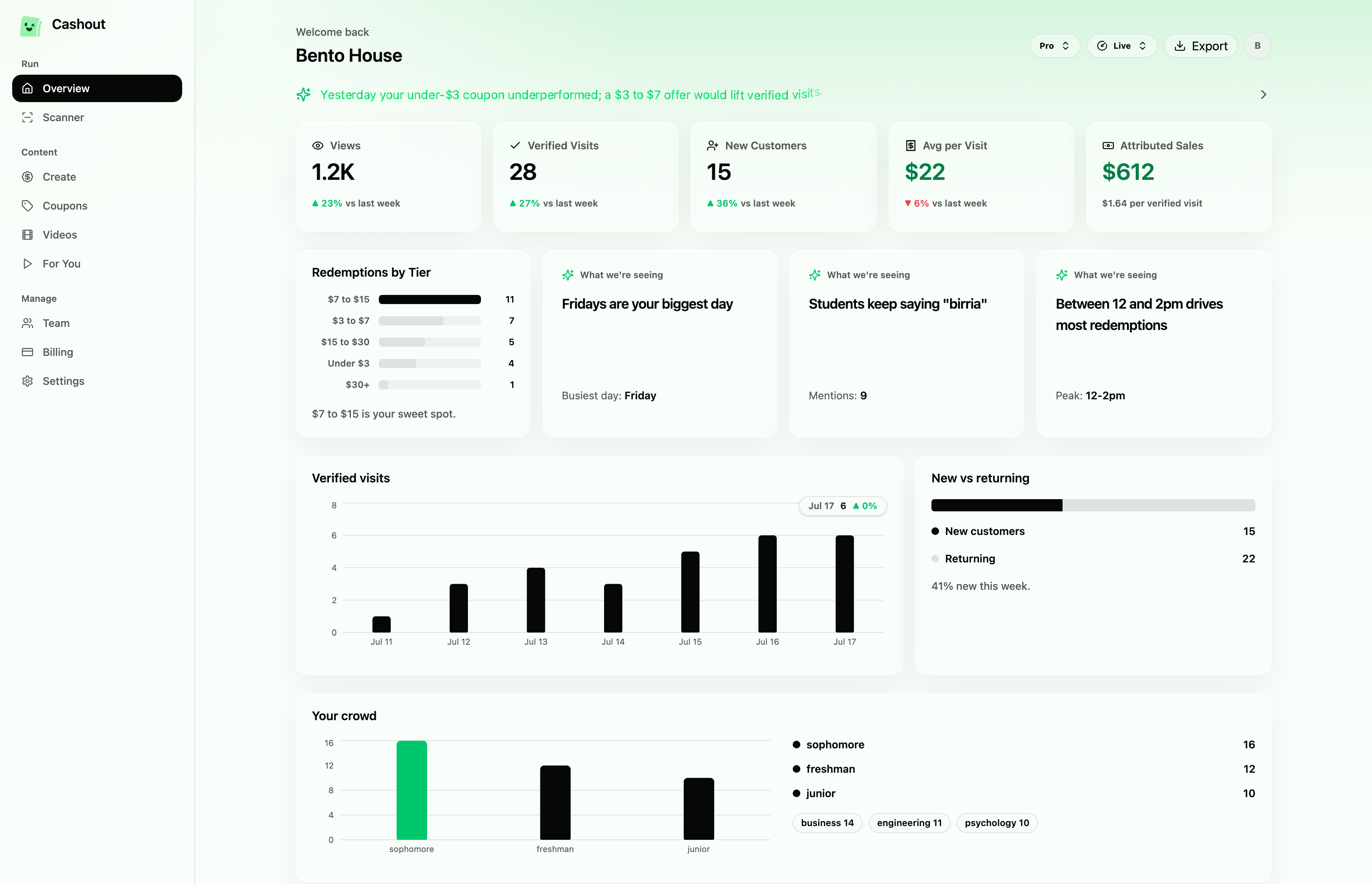The Cashout merchant dashboard showing verified visits, attributed sales, offer performance, and a What we're seeing insight