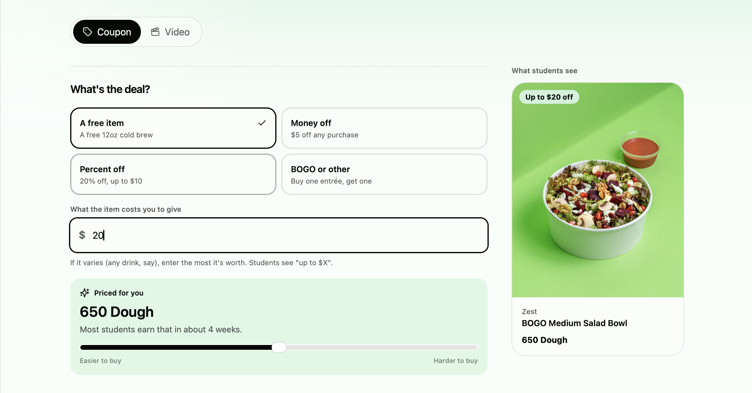 Cashout's merchant coupon creator with offer options, automatic Dough pricing, and a live student preview