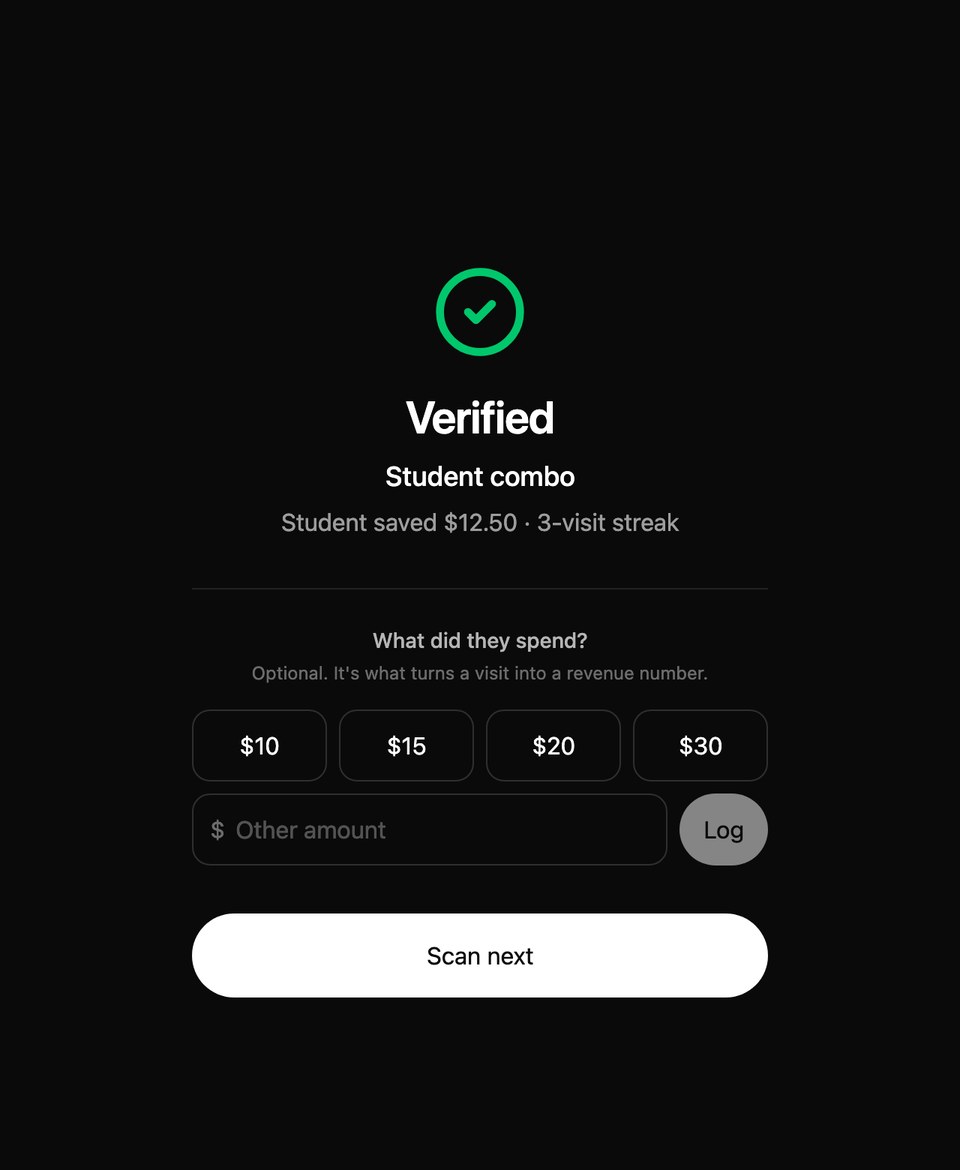Cashout Scanner confirming a verified coupon redemption and offering optional order-value logging